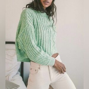 Free People Sweater Women’s M Green On Your Side Boxy Cable Knit Pullover